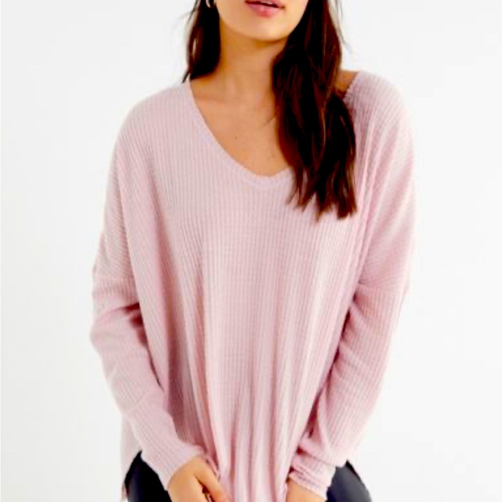 Urban Outfitters Out From Under Thermal V-Neck Long Sleeve, Baby Pink, S